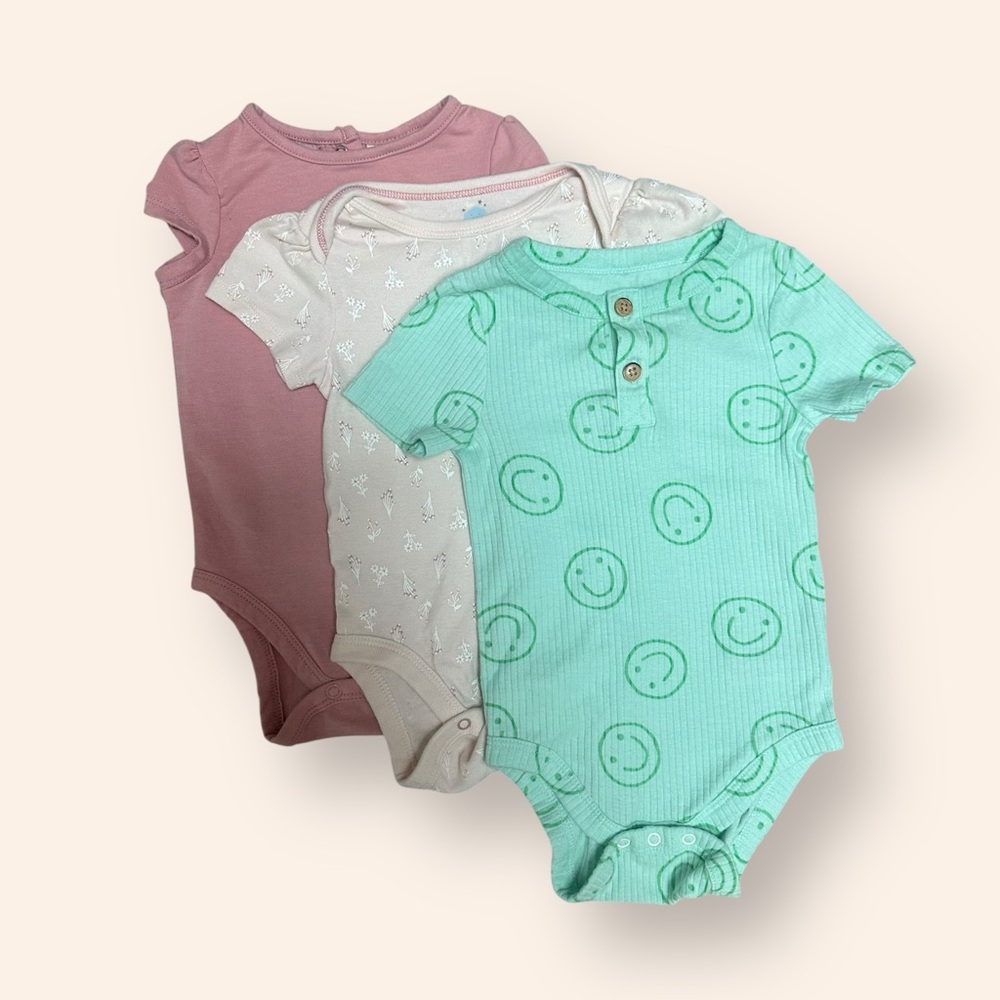 Set of 3 Short Sleeve Bodysuits, Size 6-9 M, MSRP $18